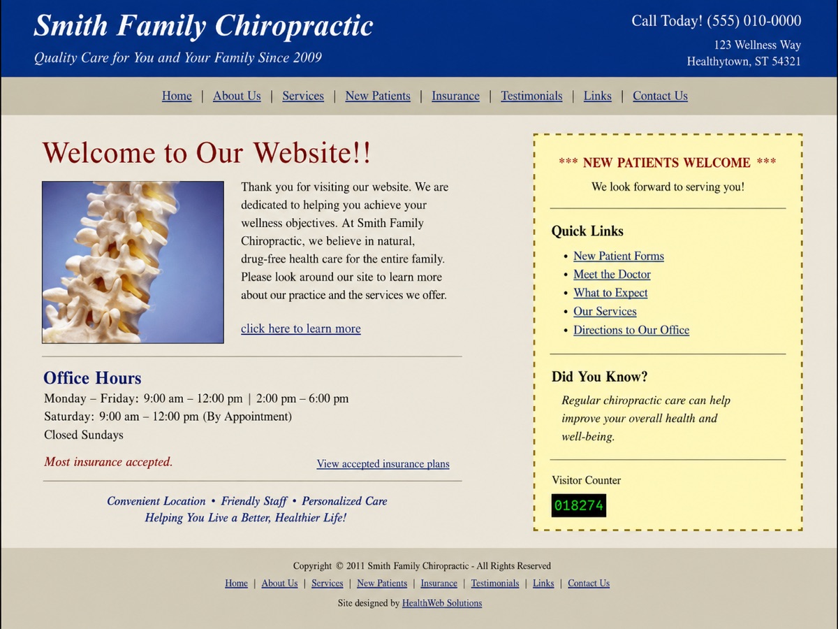 Before concept showing the outdated Smith Family Chiropractic website